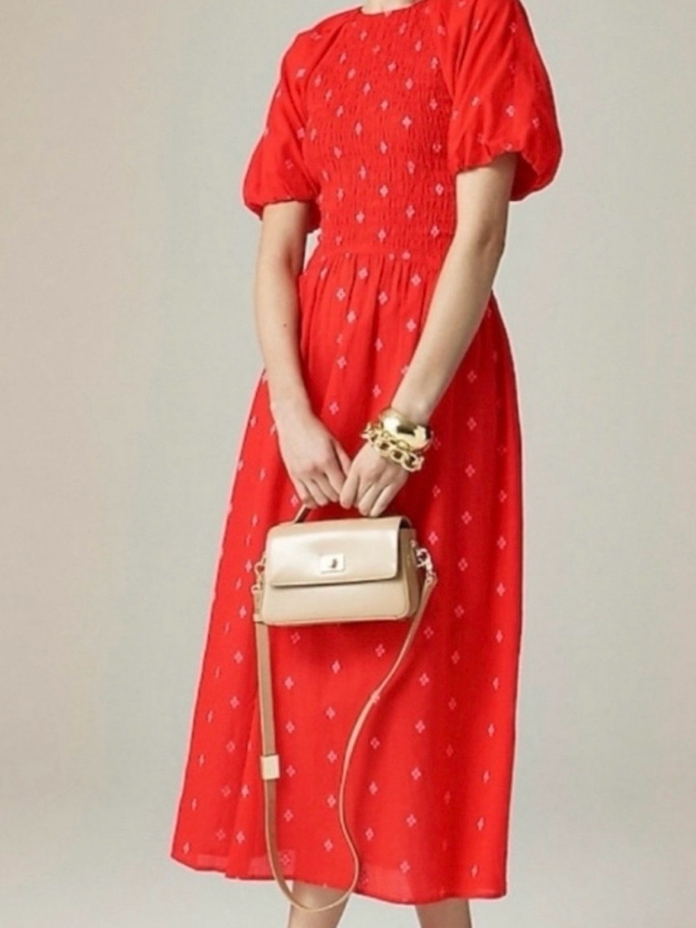 Jcrew Meadow Red Smocked Maxi Dress with Puff Sleeves in Cotton Poplin NWT TallM